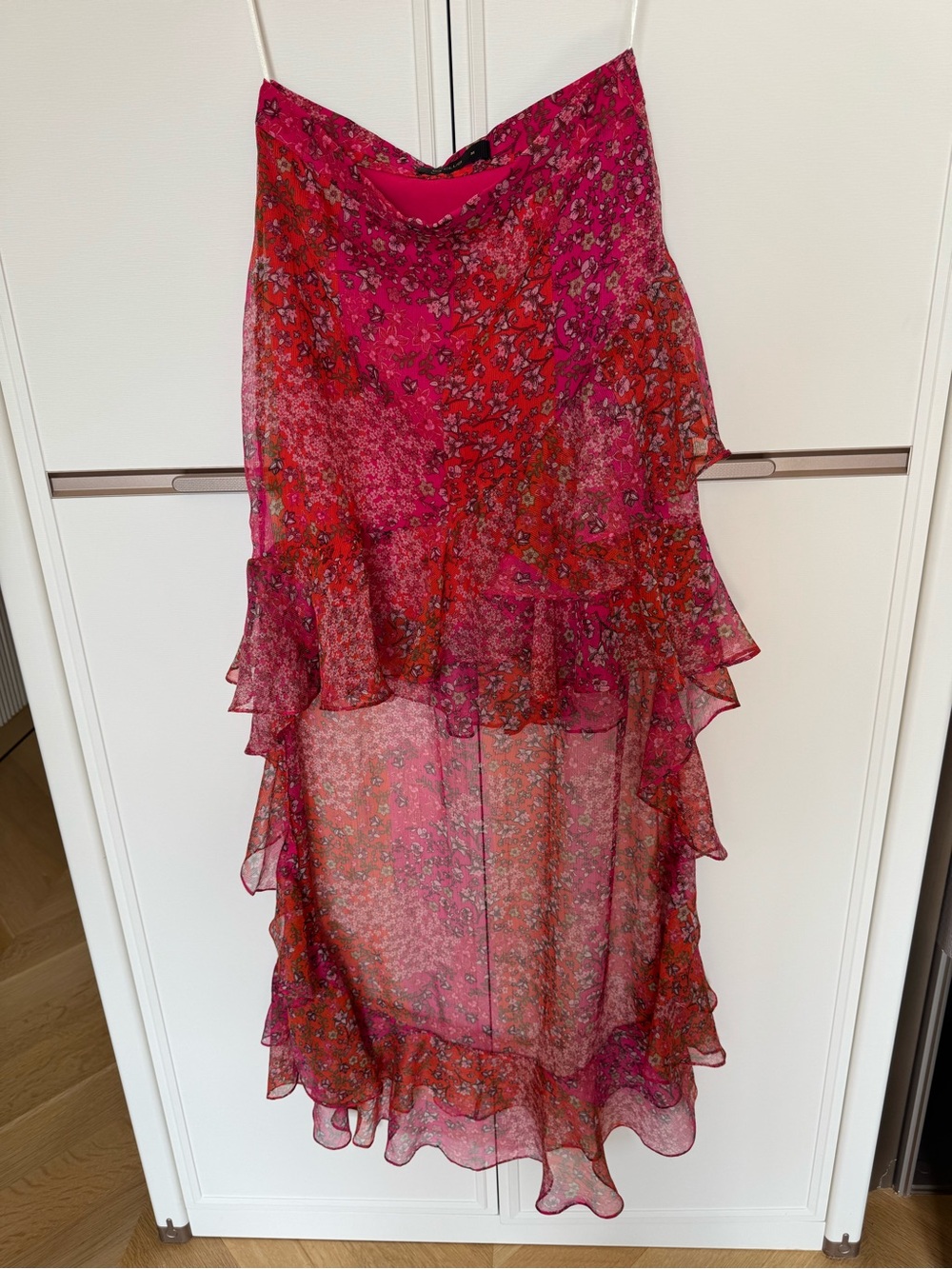 Floral Ruffled Pink High-Low Maxi Skirt